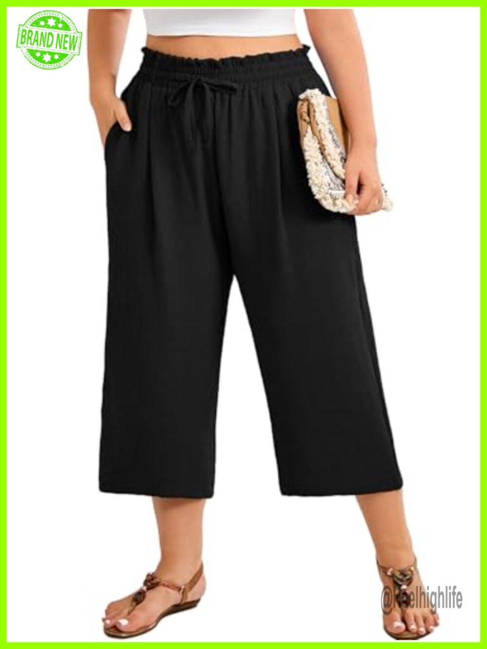 Plus Size Capri Wide Leg Pants with Pockets High Waisted Drawstring Summer